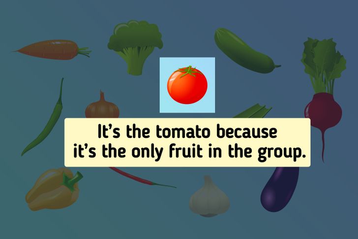 Rätt svar: Tomaten, det är det enda här som räknas som frukt. De andra är grönsaker.
